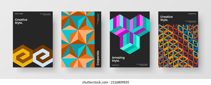Multicolored flyer A4 design vector layout composition. Abstract mosaic hexagons poster illustration bundle.