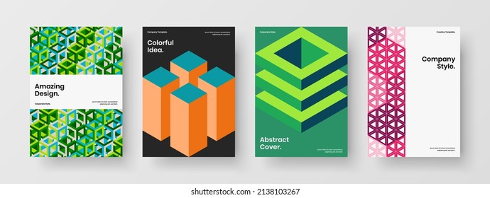 Multicolored flyer A4 vector design illustration set. Abstract mosaic pattern placard template composition.