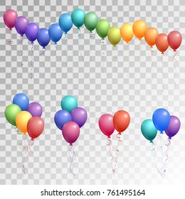 Multicolored flying balloons isolated vector illustration, birthday party decoration elements. Bright flying helium balloons isolated on transparent. Party decor, birthday gift elements design.