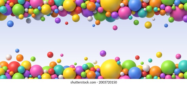 Multicolored flying balls arranged in two lines. Abstract composition with colorful balls in different sizes with empty space for your content.. Realistic vector background