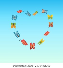 Multicolored flying butterflies form a heart shape. Vector illustration isolated on white background.