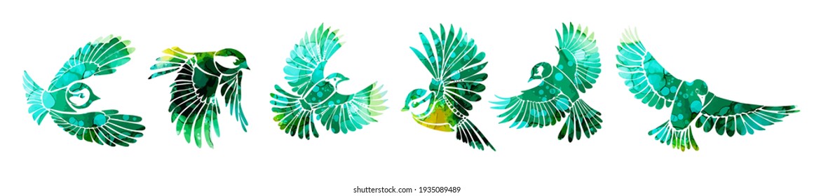 Un pájaro decorativo volador multicolor. Conjunto de hermosos pájaros pintorescos. tetas. Ilustración del vector