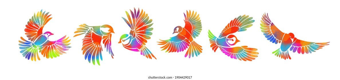 A multi-colored flying decorative birds. Set of rainbow stylized birds. Vector illustration