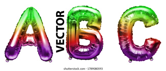 Multi-colored foil ABC gold letter balloons on white background. Golden alphabet balloon logotype, icon. Metallic Gold ABC Balloons. Text for children's reading, vector eps