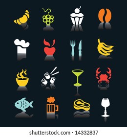 Multicolored food icons with shadows on black background, part 2