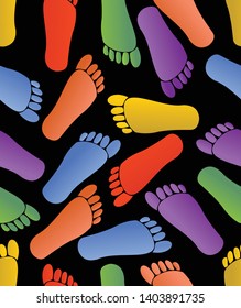 Multicolored footprints on black background, human traces in red, green, orange, purple and yellow colors, seamless background, fabric patterns, textile ornament