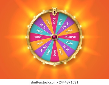 Multicolored fortune wheel at backlight color realistic vector illustration. Gambling game chances. Casino roulette 3d object on yellow background