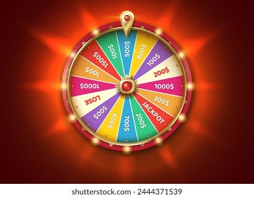 Multicolored fortune wheel at backlight color realistic vector illustration. Gambling game chances. Casino roulette 3d object on red background