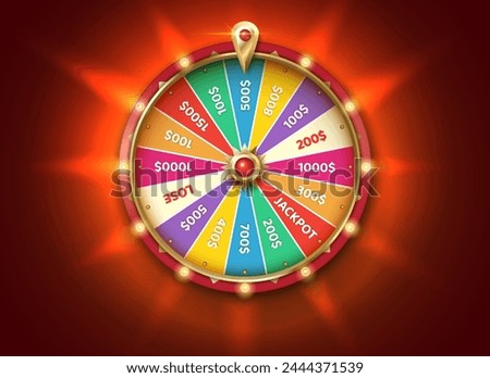 Multicolored fortune wheel at backlight color realistic vector illustration. Gambling game chances. Casino roulette 3d object on red background