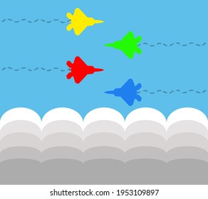 multicolored four jet aircraft with a wave dashed line train against the background of the sky and clouds below 