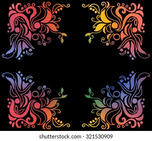Multicolored frame on black background. Floral corner elements. Vector decor. 