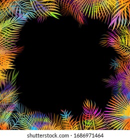 Multicolored frame with palm leaves. Hello summer. Mixed media. Vector illustration