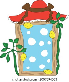 
multicolored frame with red hat, white circles, blue background and green plants with lemons around the edges