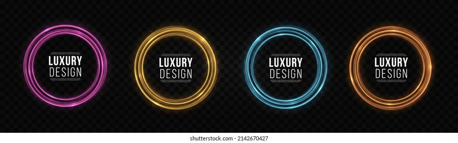 Multicolored frames with glitter light effect. A flash flies in a circle in a luminous ring. Neons circles on transparent backdrop.