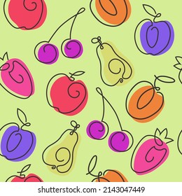 Multicolored fresh fruits and berries seamless pattern. Bright colors and handmade line summer autumn decor. Contemporary illustration, vector image. Used for textile print decoration.