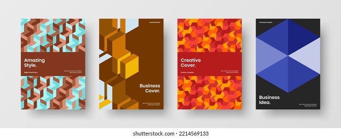 Multicolored front page A4 design vector template bundle. Fresh geometric shapes pamphlet concept collection.