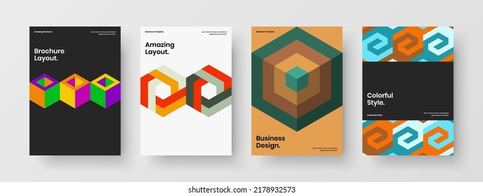 Multicolored front page design vector template collection. Original mosaic hexagons cover layout bundle.