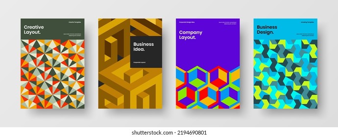 Multicolored front page design vector concept bundle. Creative mosaic shapes banner layout collection.