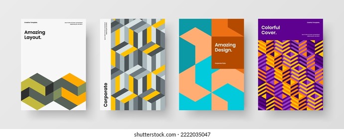 Multicolored front page vector design concept collection. Minimalistic mosaic pattern flyer layout bundle.