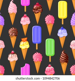 Helado de frutas multicolores patrón transparente en fondo negro
