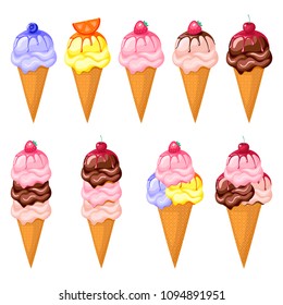 Multicolored fruit ice cream set on white background