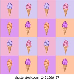 Multi-colored fruit ice cream in waffle cones. Seamless pattern. 