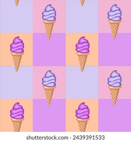 Multi-colored fruit ice cream in waffle cones. Seamless pattern. 