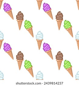 Multi-colored fruit ice cream in waffle cones. Seamless pattern. 
