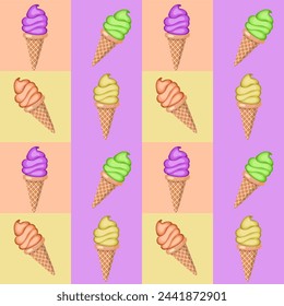 Multi-colored fruit ice cream in waffle cones. Seamless pattern. 