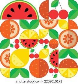 Multicolored fruit pattern of cherries, watermelon, lemon and orange on a white background