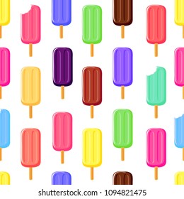Multicolored fruit popsicle ice cream seamless pattern on white background
