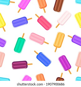 Multicolored fruit popsicle ice cream . Seamless pattern on white background. Texture for fabric, wrapping, wallpaper. Decorative print.