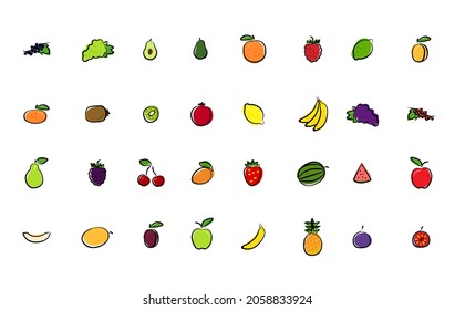 multicolored fruits on white background, vector set