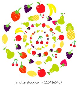 Multicolored fruits in the style of flat are collected in a circle