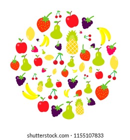 Multicolored fruits in the style of flat are collected in a circle