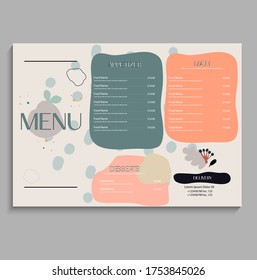 menú de una página divertida de varios colores para restaurantes, cafés y camiones de comida