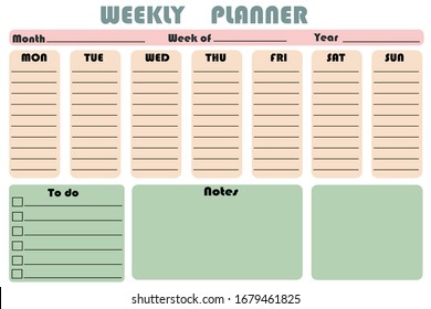 Multi-colored fun glider for the week with places for notes. Orderly life, business, work, study. Vector illustration. Stock Photo.