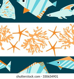 Multicolored, fun, kids, seamless pattern: sea, ocean, coral, fish, exotic, tropical fish