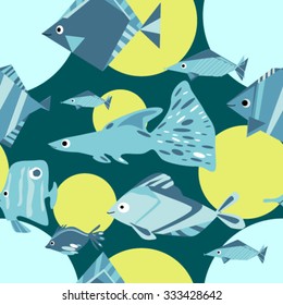 Multicolored, fun, kids, seamless pattern: sea, ocean, coral, fish, exotic, tropical fish