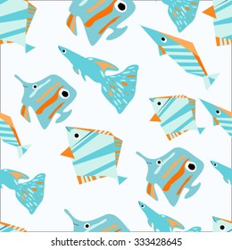 Multicolored, fun, kids, seamless pattern: sea, ocean, coral, fish, exotic, tropical fish