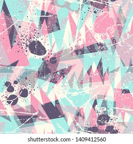 Multicolored fun seamless pattern with triangles, dots. Bright and funny background for design, textile, clothes