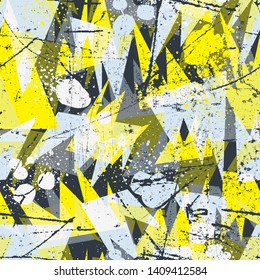 Multicolored fun seamless pattern with triangles, dots. Bright and funny background for design, textile, clothes