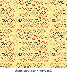 Multicolored fun seamless pattern in vector. Bright pseudo ethnic abstract background. Simple texture for scrapbooking, web page backgrounds,textile.