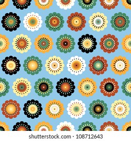 Multicolored funky flowers abstract seamless pattern on blue background. Vector. EPS 10