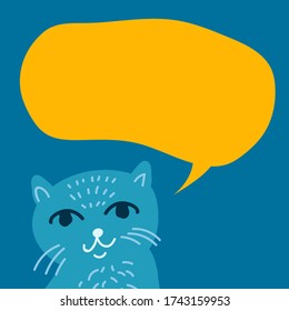  Multicolored funny cat and speech bubble. Illustration in flat cartoon style