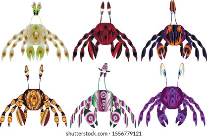 multi-colored funny crabs, boys and girls with different expressions of eyes