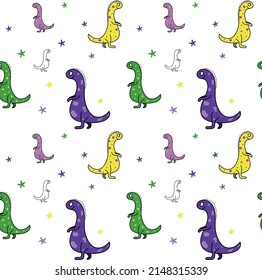 Multicolored funny dinosaurs wander between the stars. Seamless vector pattern on a transparent background.