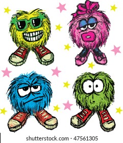 Multicolored funny fluffy and hairy monsters in sneakers