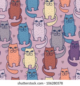 Multicolored funny hand drawn cats vector seamless pattern