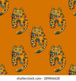 Multicolored funny hand drawn cats vector seamless pattern